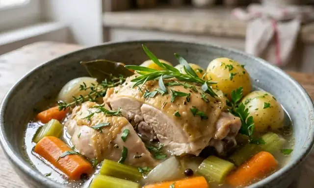 Un plat réconfortant : poule au pot façon grand-mère. Morceaux de poulet tendres, carottes, céleri, oignons et pommes de terre dans un bouillon savoureux.