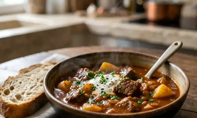 Un bol fumant de recette goulash hongroise traditionnelle, garni de crème et de persil, avec une tranche de pain rustique à côté.