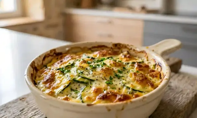 Un délicieux gratin de courgettes moelleux, doré et gratiné, garni de persil frais. Parfait pour un repas réconfortant.