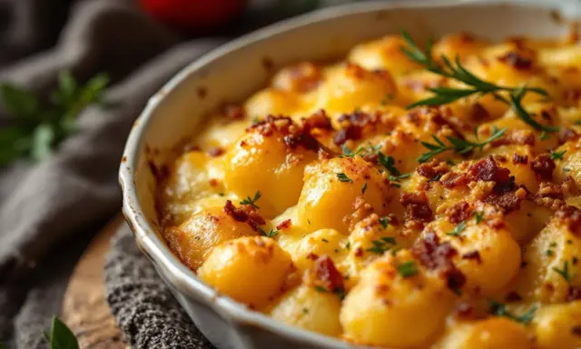 Un délicieux gratin de pommes de terre et lardons, doré et gratiné, garni de persil frais et d'une touche de romarin.