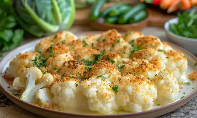 Un gratin de légumes facile et léger, composé de fleurettes de chou-fleur dorées et parsemées de persil frais.
