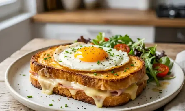 Un délicieux croque madame, avec son œuf au plat coulant, son jambon et son fromage fondant, servi avec une salade verte. Parfait pour une recette facile et gourmande.