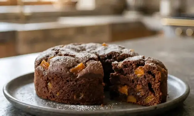 Gâteau chocolat abricot, saupoudré de sucre glace, avec une part coupée révélant des morceaux d'abricot juteux.