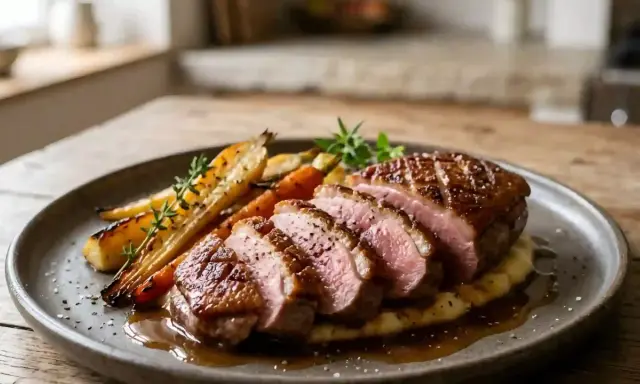 Magret de canard tranché, parfaitement cuit sur plancha, servi avec des carottes rôties et une purée onctueuse.