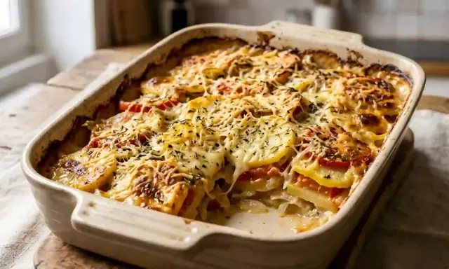 Gratin de pommes de terre et tomates, doré et gratiné, prêt à être dégusté.