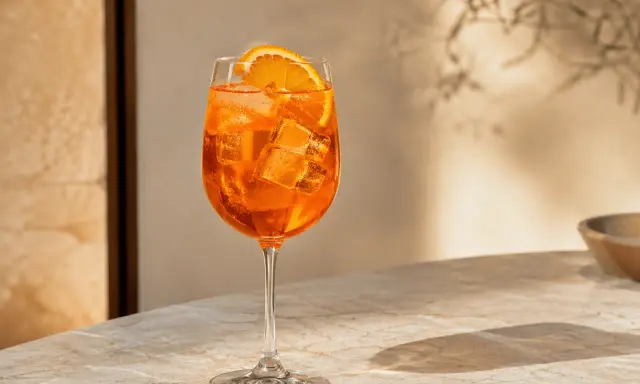 Une composition Aperol Spritz rafraîchissante, avec des glaçons et une tranche d'orange, sur une table en marbre baignée de soleil.