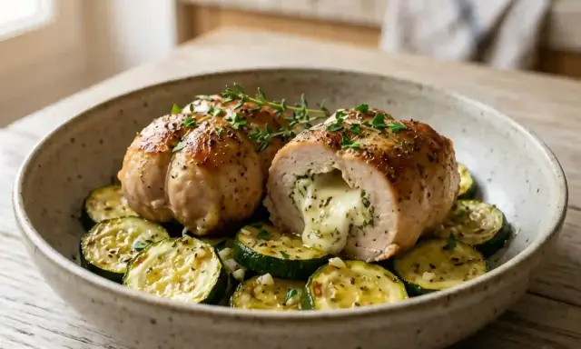 Une paupiette de dinde savoureuse, coupée en deux, révèle un cœur fondant de fromage et d'herbes, servie sur un lit de courgettes grillées.