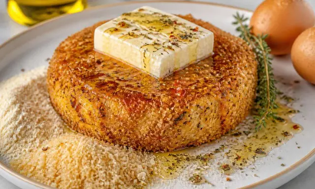 Feta grillée à la poêle, dorée et croustillante, nappée d'huile d'olive et d'herbes. Un délice à savourer !