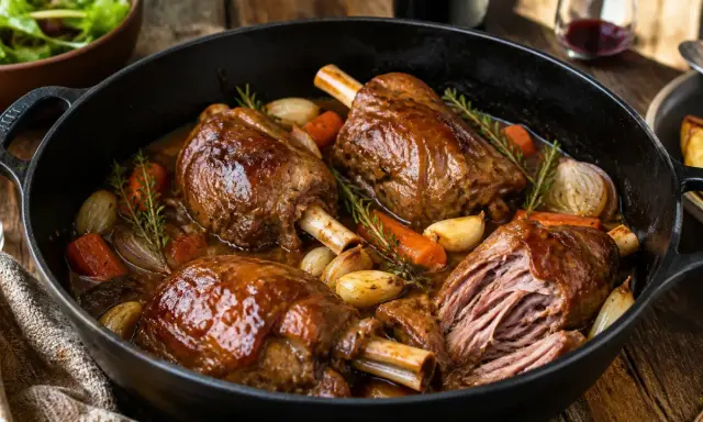 Souris d'agneau braisées, carottes, oignons et ail dans une cocotte. Une recette grand chef qui promet un plat savoureux et fondant.