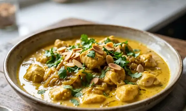 Un plat de poulet korma onctueux, garni de coriandre fraîche et d'amandes effilées. Une recette savoureuse à découvrir.