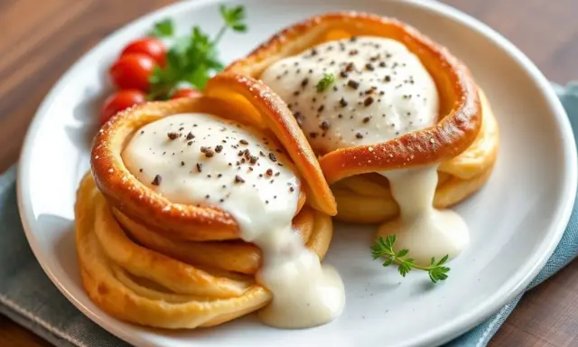 Deux vol-au-vent garnis d'une quenelle onctueuse, saupoudrés de poivre, accompagnés de tomates cerises et d'une touche de persil.