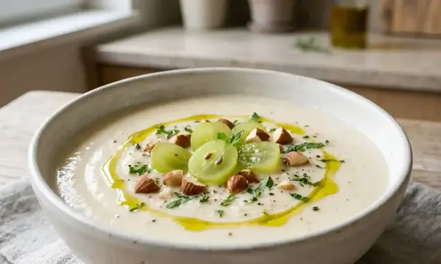 Un bol de ajo blanco crémeux, garni de raisins verts, d'amandes et d'un filet d'huile d'olive.