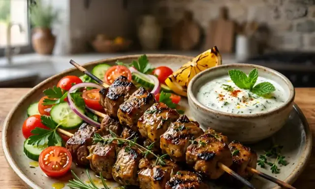 Brochettes d'agneau grillées, savoureuses et juteuses, accompagnées d'une sauce blanche fraîche et d'une salade colorée. La marinade pour brochette d'agneau a fait son œuvre !