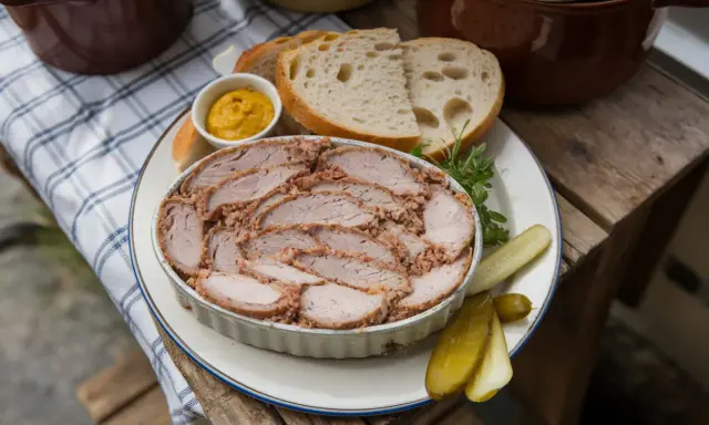 Tranches généreuses de rillettes de porc, servies avec du pain frais, de la moutarde et des cornichons. Un délice rustique.