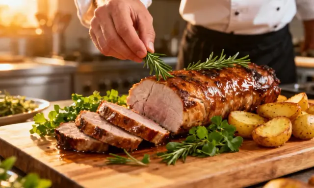 Un chef étoilé décore un filet mignon de porc rôti avec du romarin. Une recette qui promet un délice.
