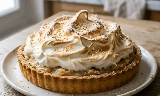 Une délicieuse tarte noix de coco avec une meringue dorée et aérienne, parsemée de copeaux de noix de coco grillés.