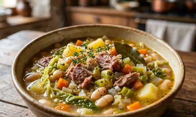 Un bol fumant de garbure, une recette facile et réconfortante avec des légumes, du porc effiloché et des haricots blancs.