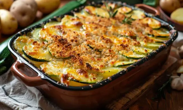 Un délicieux gratin courgettes pommes de terre, doré et croustillant, prêt à être dégusté.
