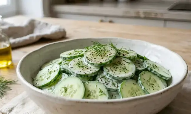 Salade fraîche de concombre à la crème, garnie d'aneth et de poivre noir. Un délice simple et rafraîchissant.