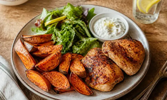 Un plat savoureux avec du poulet grillé, une salade fraîche et un accompagnement patate douce rôti, servi avec une sauce crémeuse.