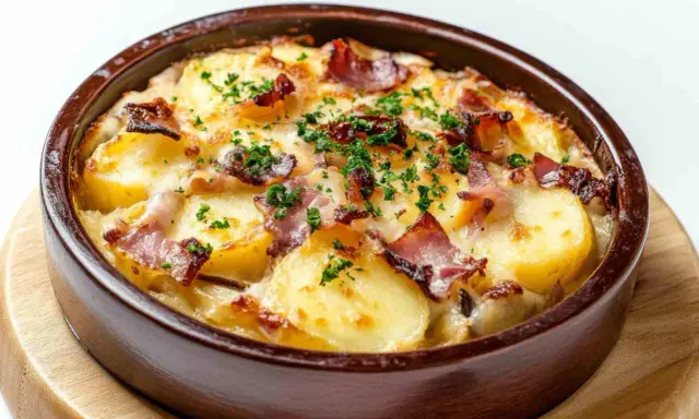 Un plat de tartiflette gratiné, avec des pommes de terre, du lard et du fromage fondu, parsemé de persil frais. Un délice à déguster avec un verre de vin blanc.