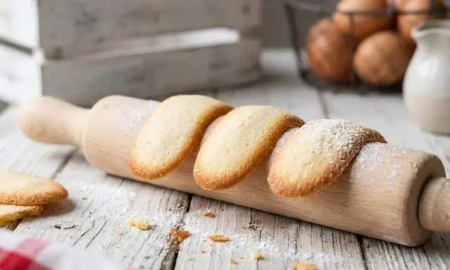 Des biscuits langue de chat dorés, saupoudrés de sucre glace, reposent sur un rouleau à pâtisserie en bois.