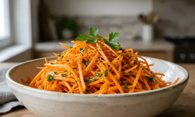 Une salade de carottes traditionnelle, râpées finement et parsemées de persil frais et de poivre noir, dans un bol en céramique.