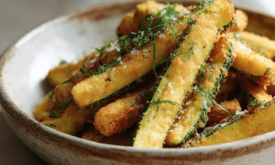 Frites de courgette dorées et croustillantes, saupoudrées d'herbes fraîches et de gros sel, servies dans un bol rustique. Un délice !