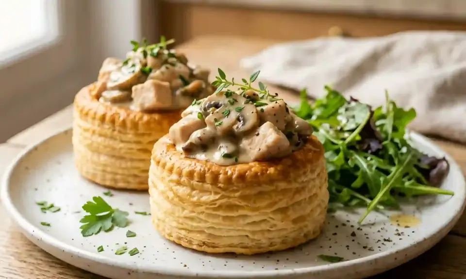 Deux bouchées à la reine poulet garnies de champignons et d'une sauce crémeuse, servies avec une salade verte.