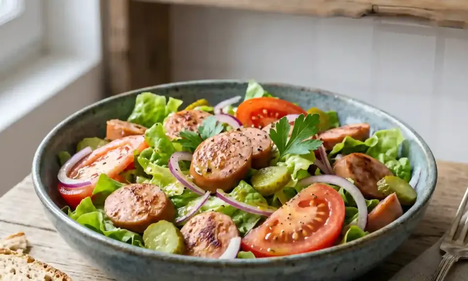 Salade de cervelas fraîche avec tomates, oignons rouges, cornichons et persil, assaisonnée d'une vinaigrette légère.