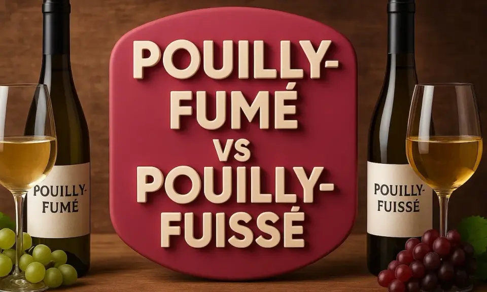 Bouteilles et verres de vin blanc, avec une étiquette comparant Pouilly-Fumé et Pouilly-Fuissé.