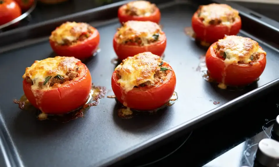 Tomates farcies au fromage fondant, prêtes à être dégustées après cuisson chaleur tournante.