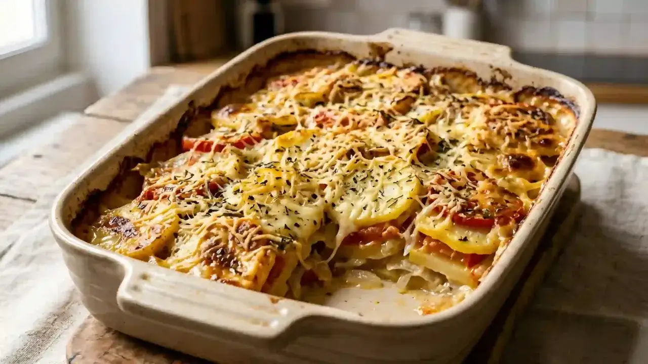Un délicieux gratin de pommes de terre et tomates, gratiné au fromage et parsemé d'herbes, prêt à être dégusté.