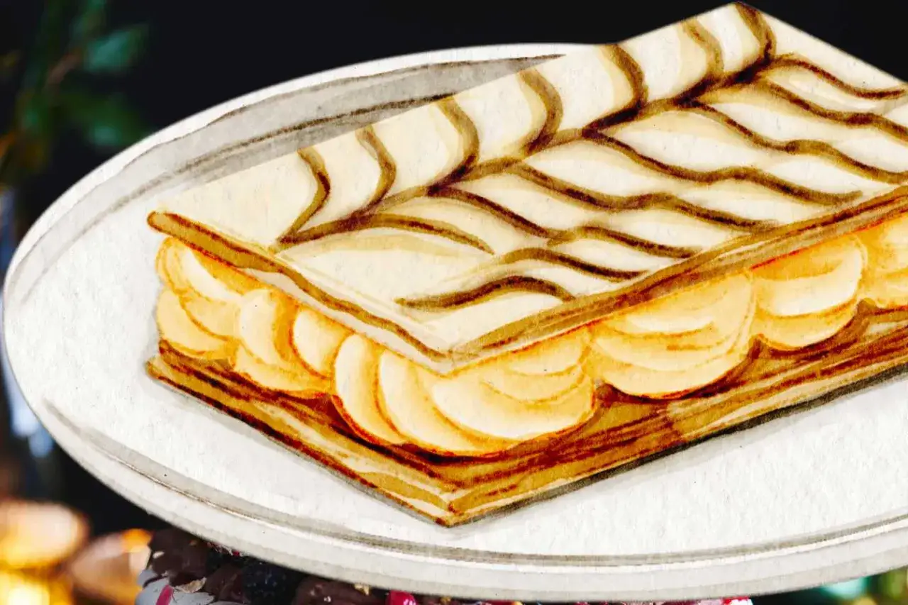 Un délicieux millefeuille aux couches de pâte feuilletée dorée et garni de crème onctueuse, prêt à être dégusté.