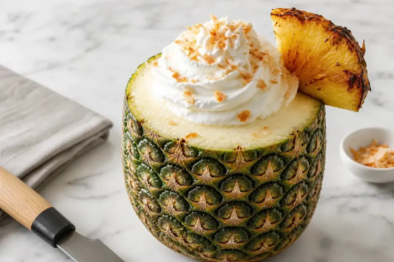 Un d&eacute;licieux pina colada sans alcool servi dans une moiti&eacute; d'ananas, garni de cr&egrave;me fouett&eacute;e et de noix de coco r&acirc;p&eacute;e.