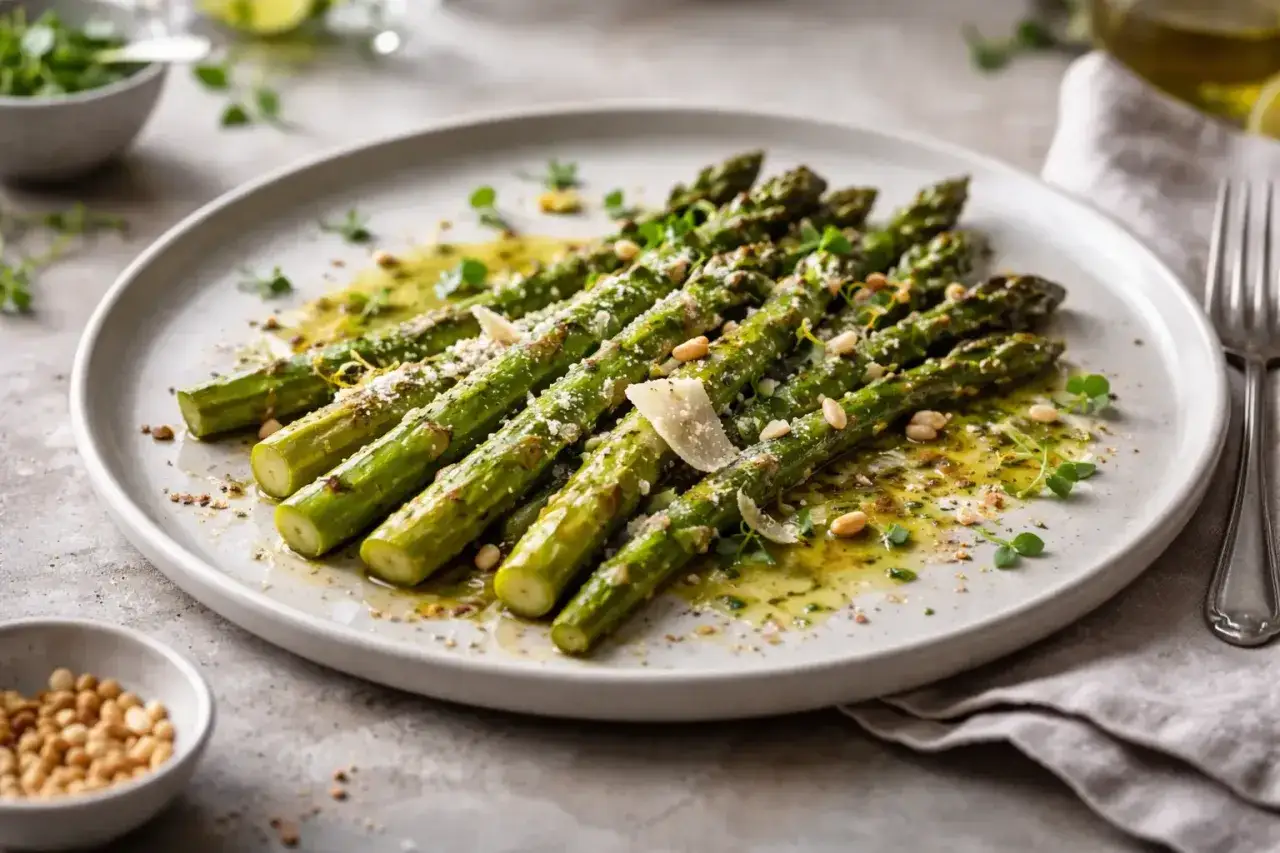 Asperges à la poêle, tendres et savoureuses, nappées d'une sauce verte et parsemées de copeaux de parmesan et de pignons.
