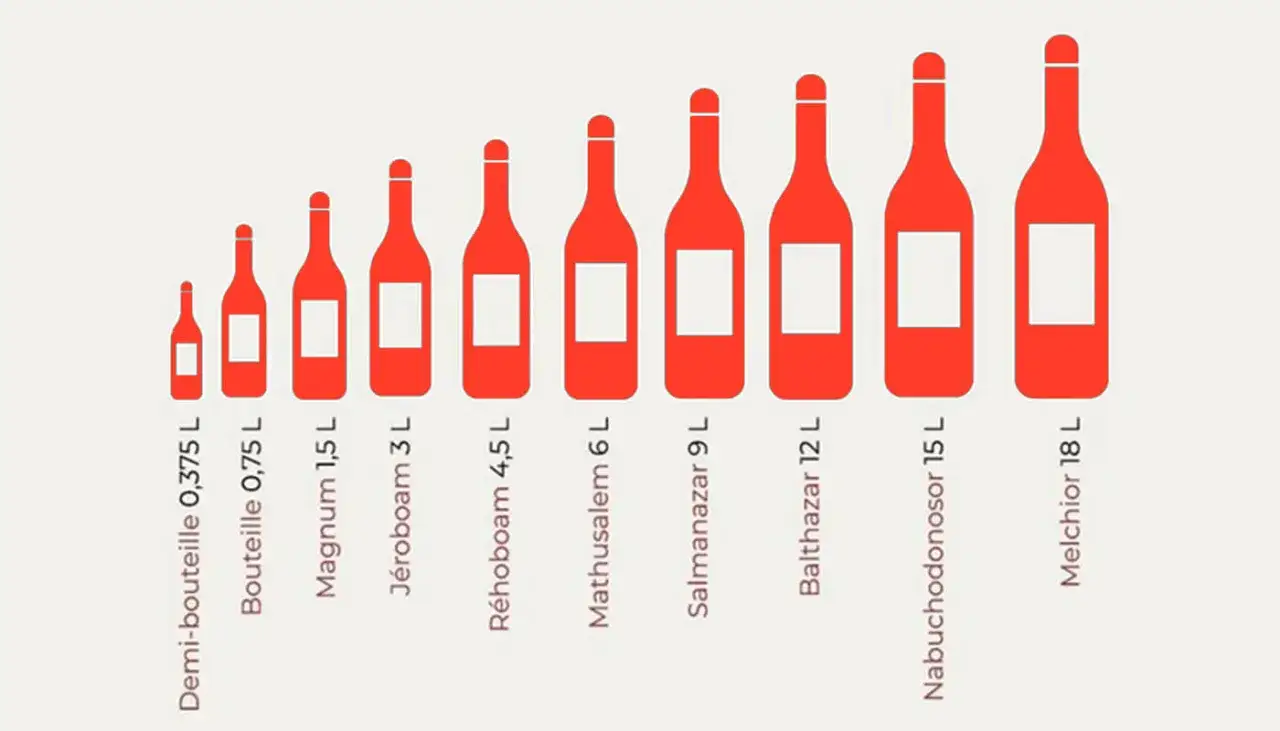 Comparaison visuelle des tailles des bouteilles de vin, de la demi-bouteille (0,375 L) au Melchior (18 L).