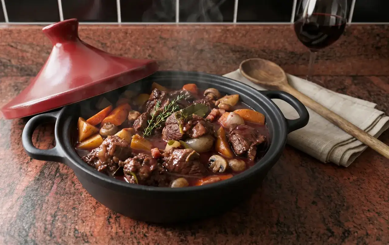 Un plat fumant pour cuisiner viande bourguignon autrement : bœuf mijoté avec carottes, champignons et oignons dans une cocotte rouge.