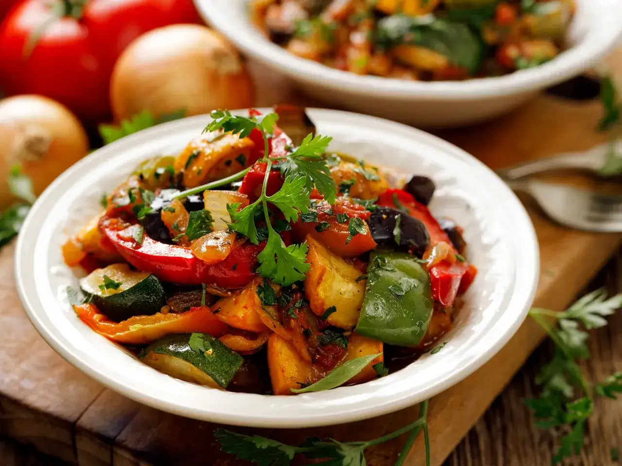 Un plat de ratatouille coloré avec courgette, tomate, poivrons et aubergine, garni de persil frais.