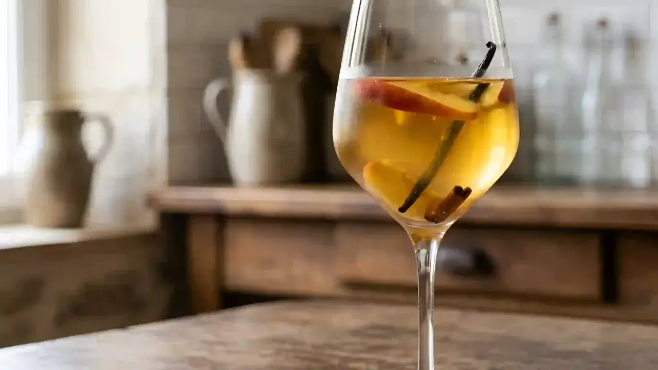 Un verre de vin de pêche aux épices, avec des morceaux de fruits, une gousse de vanille et un bâton de cannelle.
