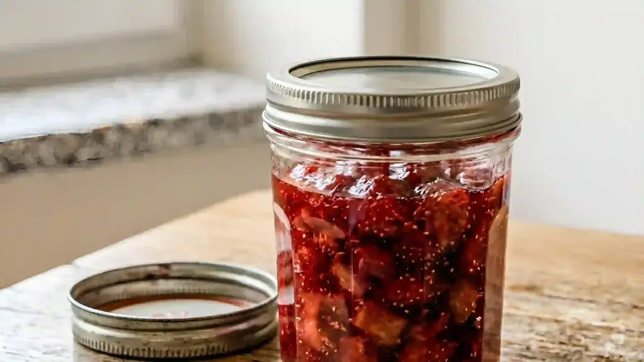 Bocal de confiture fraise rhubarbe fait maison, prêt à être dégusté sur une table en bois.