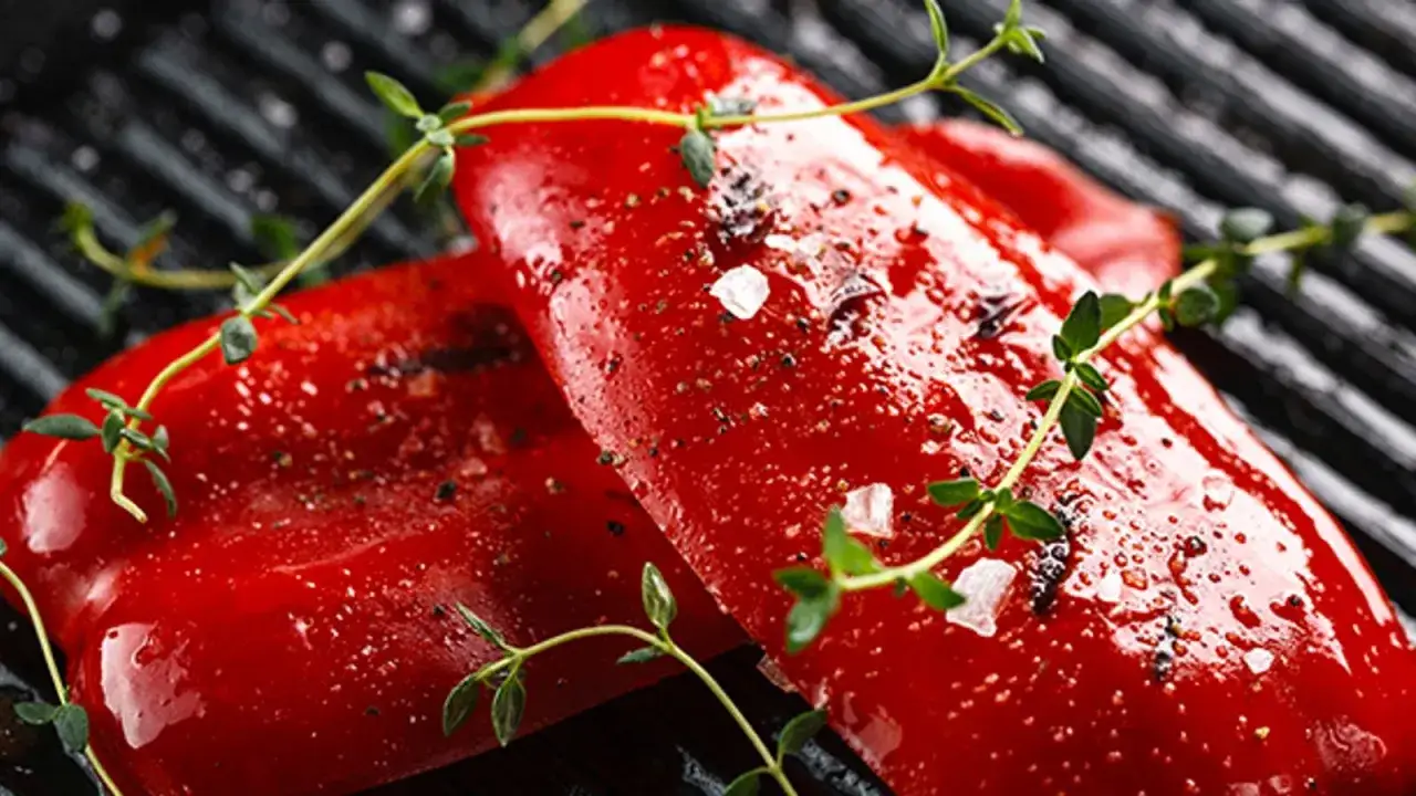 Deux moitiés de poivron rouge, assaisonnées de gros sel et de poivre, sont sur le gril, ornées de brins de thym frais. Un délice de poivron au barbecue.