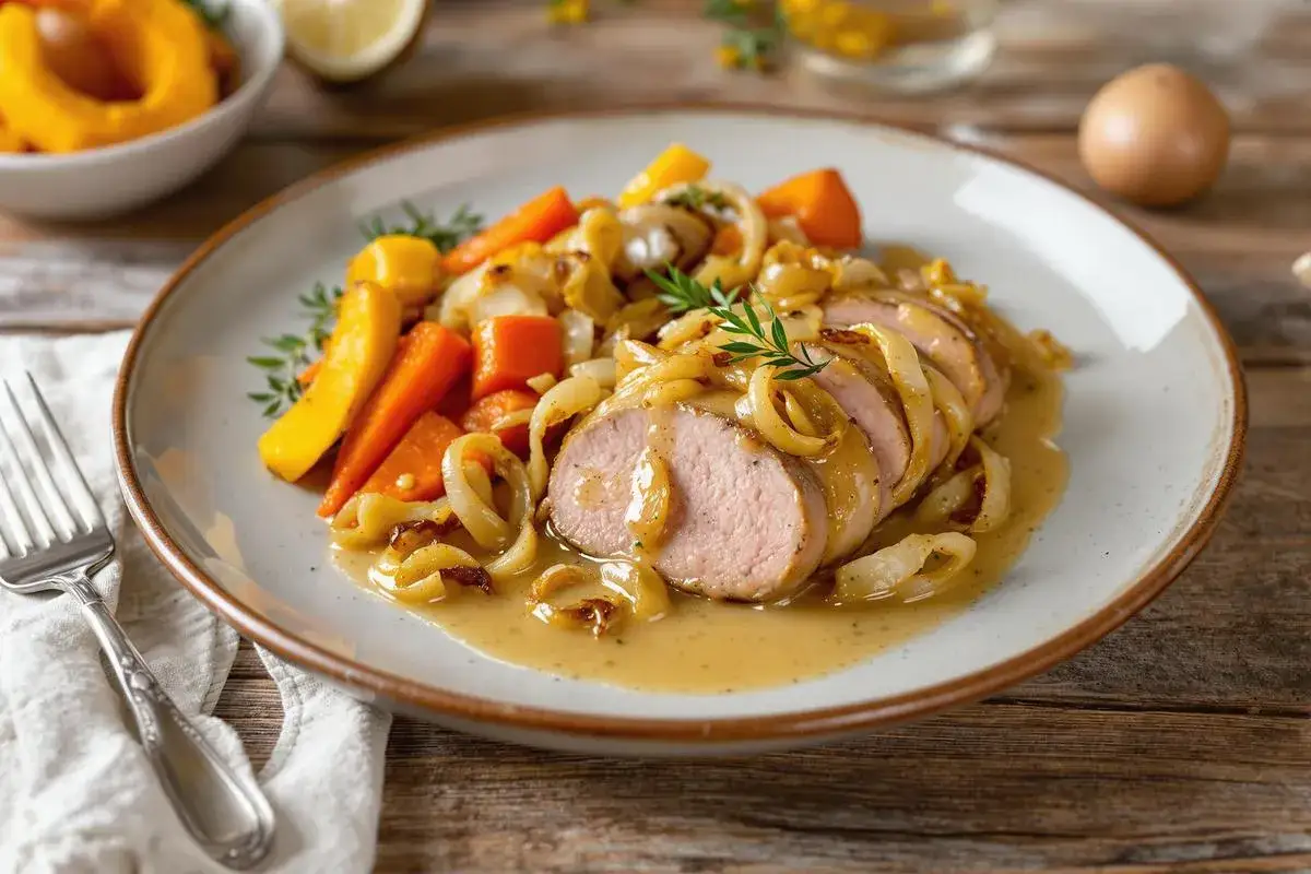 Filet mignon de porc tranché, nappé d'une sauce onctueuse, accompagné de carottes et d'oignons caramélisés. Une recette filet mignon de porc chef étoilé.