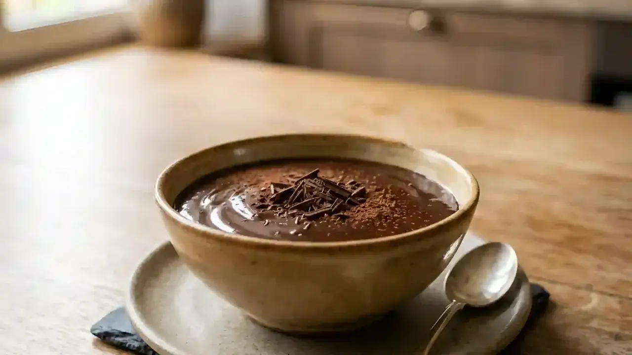 Un bol de crème anglaise au chocolat, garni de copeaux de chocolat. Parfait pour une recette facile.