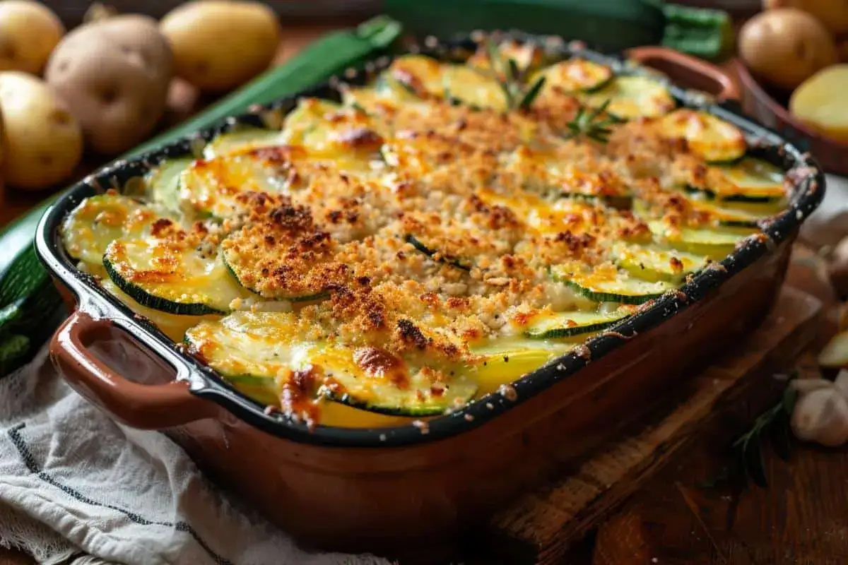 Un délicieux gratin courgettes pommes de terre, doré et croustillant, prêt à être dégusté.
