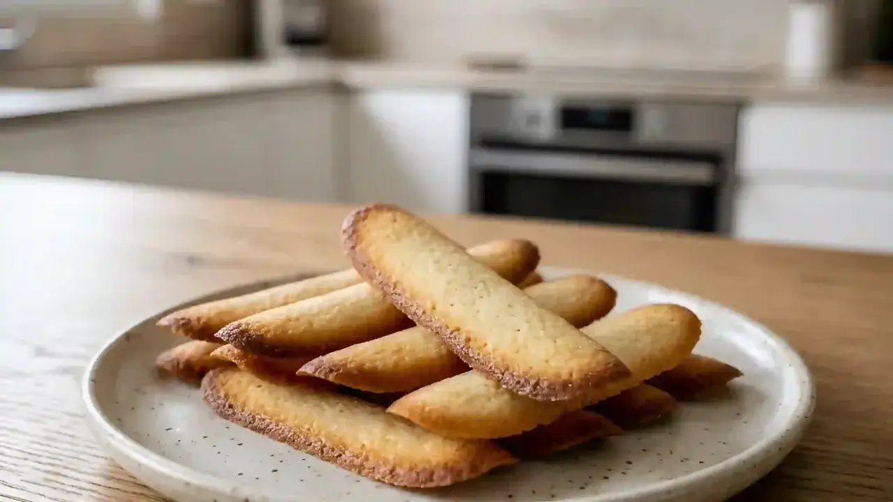 Une assiette de langues de chat dorées, croustillantes et délicieuses, prêtes à être dégustées.