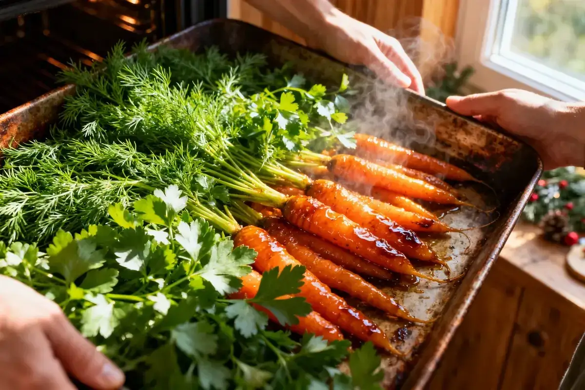 Carottes glacées au miel, dorées et fumantes, garnies de persil frais et d'aneth sur une plaque de cuisson. Un délice prêt à être dégusté.