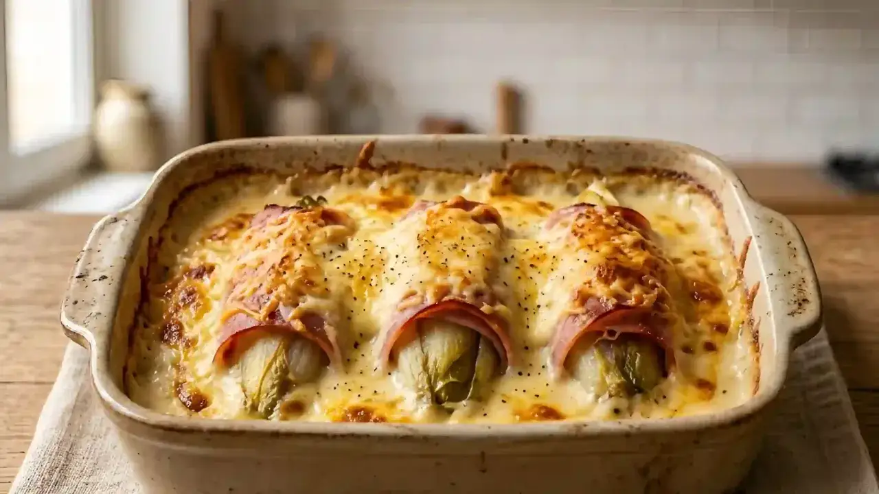 Un gratin d'endives à la béchamel, enveloppées de jambon et gratinées au four, prêt à être dégusté.
