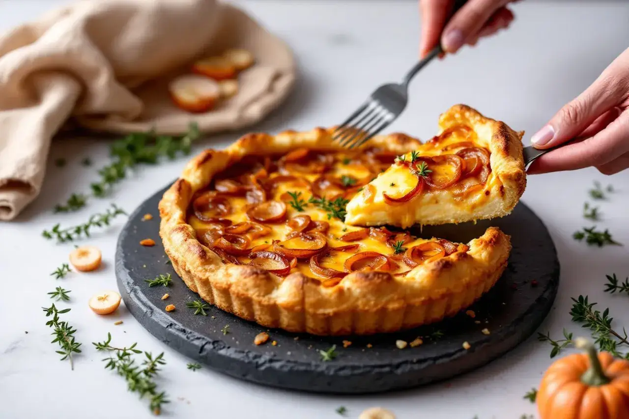 Une part de quiche oignons fromage dorée est soulevée par une fourchette. Délicieuse et gourmande.