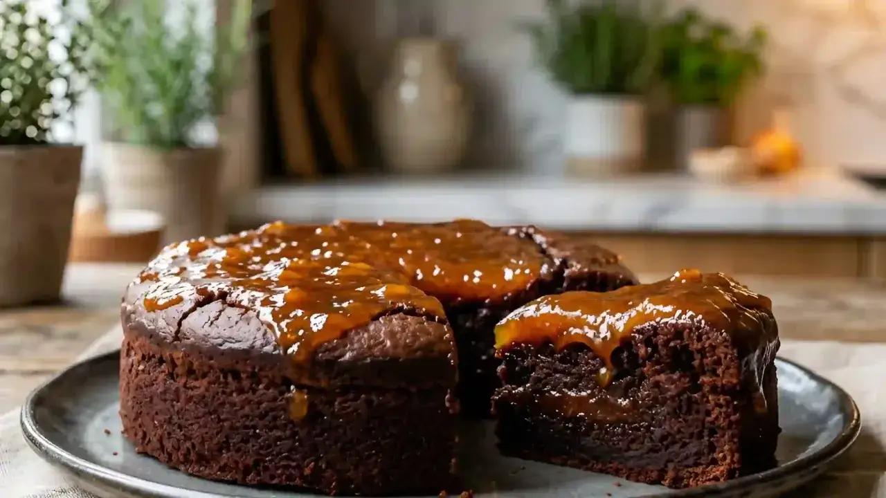Gâteau chocolat abricot, un délice moelleux nappé d'une compotée fruitée. Une part est déjà coupée, invitant à la dégustation.